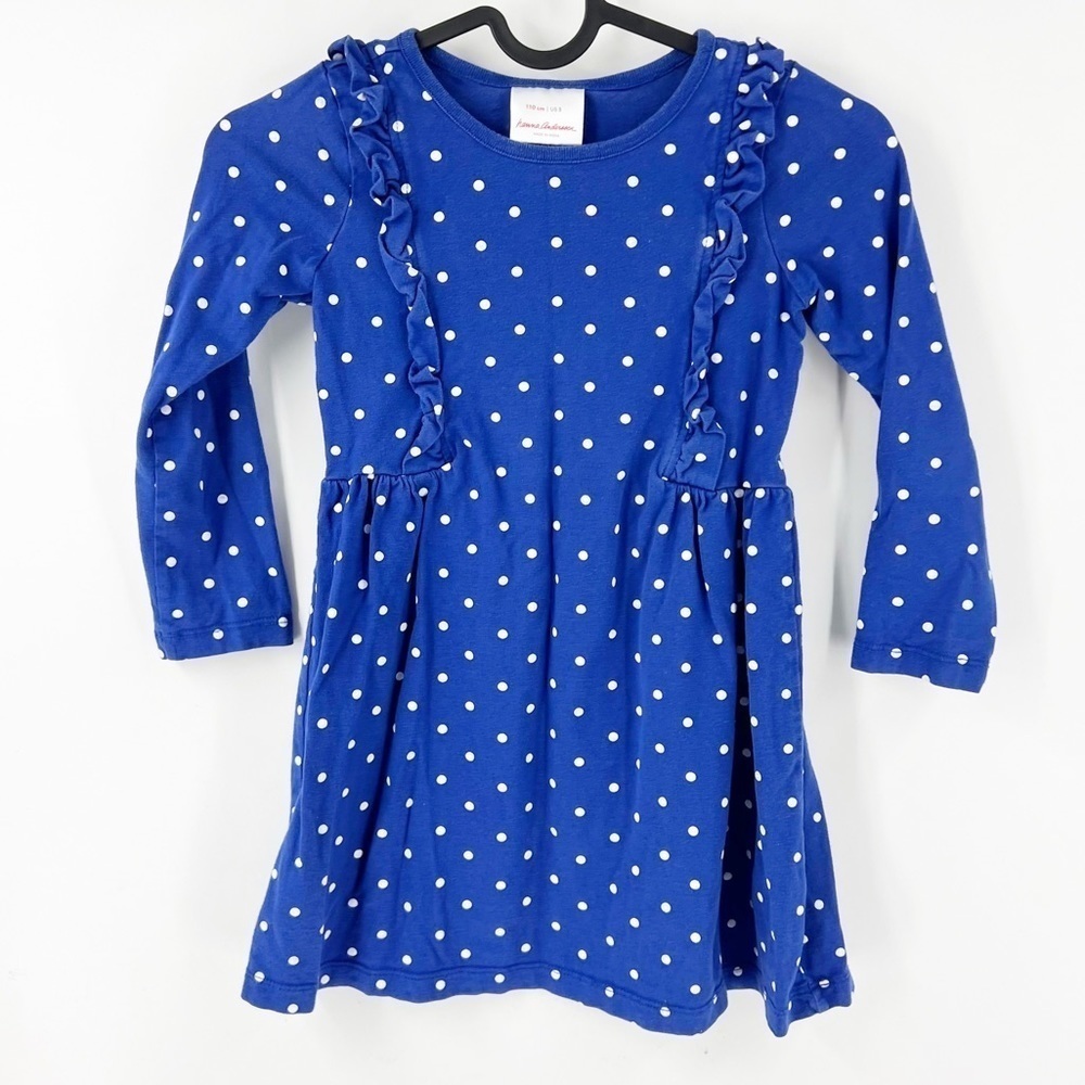 ✅Hanna Andersson Blue White Polka Dot Long Sleeve Dress Ruffles Size 110 or US 5